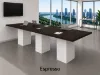 Cafe height conference table with white cube bases, laminate top, and wire management grommets