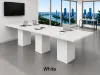 Cafe height conference table with white cube bases, laminate top, and wire management grommets