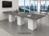 Cafe height conference table with white cube bases, laminate top, and wire management grommets