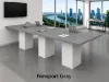 Cafe height conference table with white cube bases, laminate top, and wire management grommets