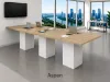Cafe height conference table with white cube bases, laminate top, and wire management grommets