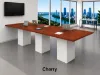 Cafe height conference table with white cube bases, laminate top, and wire management grommets