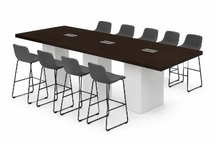 Cafe height conference table with white cube bases, laminate top, and wire management grommets