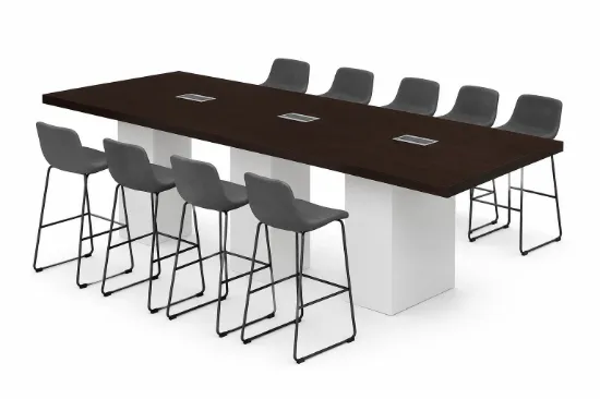 Cafe height conference table with white cube bases, laminate top, and wire management grommets