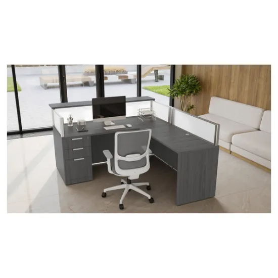 L-shaped reception desk with frosted acrylic panels, transaction top, reversible return, and pedestal storage