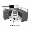 L-shaped reception desk with frosted acrylic panels, transaction top, reversible return, and pedestal storage