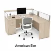 L-shaped reception desk with frosted acrylic panels, transaction top, reversible return, and pedestal storage