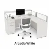 L-shaped reception desk with frosted acrylic panels, transaction top, reversible return, and pedestal storage