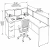 L-shaped reception desk with frosted acrylic panels, transaction top, reversible return, and pedestal storage