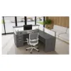L-shaped reception desk with frosted acrylic panels, transaction top, reversible return, and pedestal storage