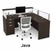 L-shaped reception desk with frosted acrylic panels, transaction top, reversible return, and pedestal storage