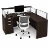 L-shaped reception desk with frosted acrylic panels, transaction top, reversible return, and pedestal storage