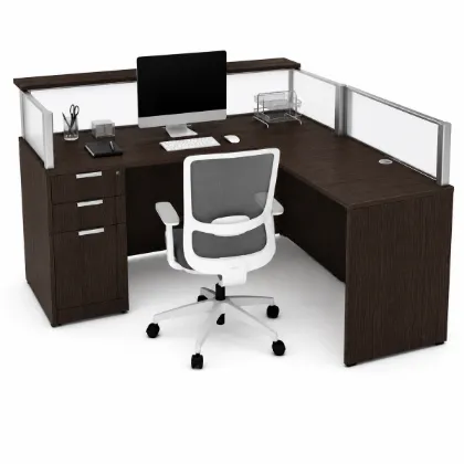 L-shaped reception desk with frosted acrylic panels, transaction top, reversible return, and pedestal storage