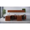 2 person laminate office workstation with credenzas, wall-mounted hutches, reversible returns, file pedestals, and laminate hutch doors
