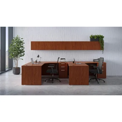 2 person laminate office workstation with credenzas, wall-mounted hutches, reversible returns, file pedestals, and laminate hutch doors