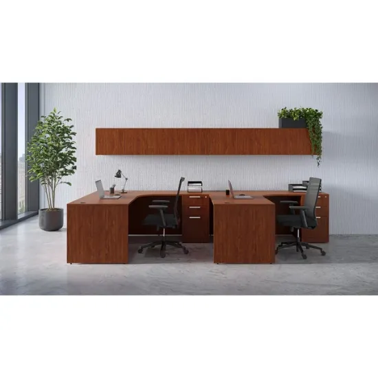 2 person laminate office workstation with credenzas, wall-mounted hutches, reversible returns, file pedestals, and laminate hutch doors