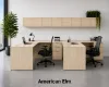 2 person laminate office workstation with credenzas, wall-mounted hutches, reversible returns, file pedestals, and laminate hutch doors