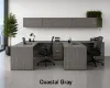 2 person laminate office workstation with credenzas, wall-mounted hutches, reversible returns, file pedestals, and laminate hutch doors