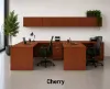 2 person laminate office workstation with credenzas, wall-mounted hutches, reversible returns, file pedestals, and laminate hutch doors