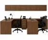 2 person laminate office workstation with credenzas, wall-mounted hutches, reversible returns, file pedestals, and laminate hutch doors