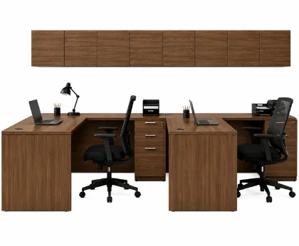 2 person laminate office workstation with credenzas, wall-mounted hutches, reversible returns, file pedestals, and laminate hutch doors
