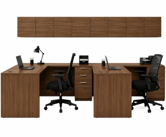 2 person laminate office workstation with credenzas, wall-mounted hutches, reversible returns, file pedestals, and laminate hutch doors