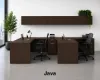 2 person laminate office workstation with credenzas, wall-mounted hutches, reversible returns, file pedestals, and laminate hutch doors