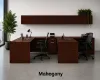 2 person laminate office workstation with credenzas, wall-mounted hutches, reversible returns, file pedestals, and laminate hutch doors