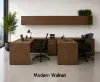 	2 person laminate office workstation with credenzas, wall-mounted hutches, reversible returns, file pedestals, and laminate hutch doors