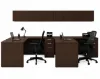 2 person laminate office workstation with credenzas, wall-mounted hutches, reversible returns, file pedestals, and laminate hutch doors
