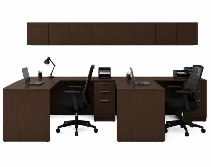 2 person laminate office workstation with credenzas, wall-mounted hutches, reversible returns, file pedestals, and laminate hutch doors