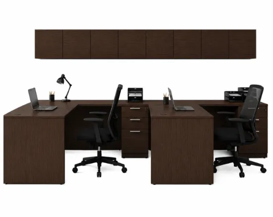 2 person laminate office workstation with credenzas, wall-mounted hutches, reversible returns, file pedestals, and laminate hutch doors