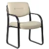 Boss beige LeatherPlus guest chair with curved arms, contoured cushions, black steel sled base, and reception seating design