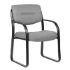 	Boss Grey LeatherPlus guest chair with curved arms, contoured cushions, black steel sled base, and reception seating design