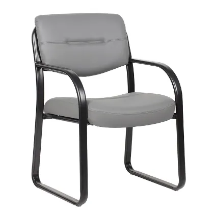 	Boss Grey LeatherPlus guest chair with curved arms, contoured cushions, black steel sled base, and reception seating design