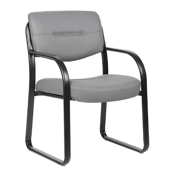 	Boss Grey LeatherPlus guest chair with curved arms, contoured cushions, black steel sled base, and reception seating design
