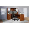 L-shaped executive desk with hutch, glass doors, credenza return, box file pedestal, and fabric tack board