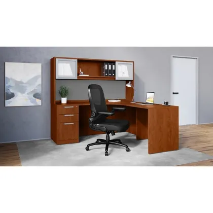 L-shaped executive desk with hutch, glass doors, credenza return, box file pedestal, and fabric tack board