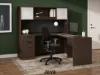 L-shaped executive desk with hutch, glass doors, credenza return, box file pedestal, and fabric tack board