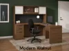 	L-shaped executive desk with hutch, glass doors, credenza return, box file pedestal, and fabric tack board
