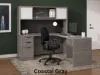 L-shaped executive desk with hutch, glass doors, credenza return, box file pedestal, and fabric tack board
