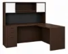 L-shaped executive desk with hutch, glass doors, credenza return, box file pedestal, and fabric tack board