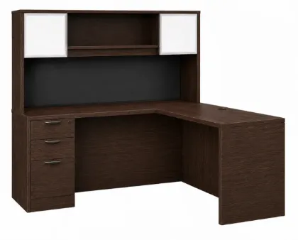 L-shaped executive desk with hutch, glass doors, credenza return, box file pedestal, and fabric tack board