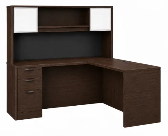 L-shaped executive desk with hutch, glass doors, credenza return, box file pedestal, and fabric tack board