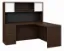 L-shaped executive desk with hutch, glass doors, credenza return, box file pedestal, and fabric tack board