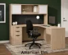 L-shaped executive desk with hutch, glass doors, credenza return, box file pedestal, and fabric tack board