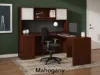	L-shaped executive desk with hutch, glass doors, credenza return, box file pedestal, and fabric tack board