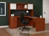 L-shaped executive desk with hutch, glass doors, credenza return, box file pedestal, and fabric tack board