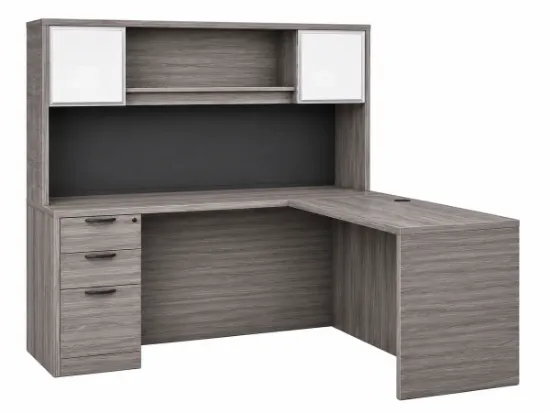 L-shaped executive desk with hutch, glass doors, credenza return, box file pedestal, and fabric tack board