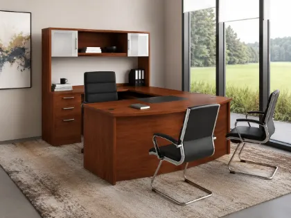 U-shaped executive desk with hutch, glass doors, right-corner credenza, box file pedestal, bow front desk, and magnetic glass white board